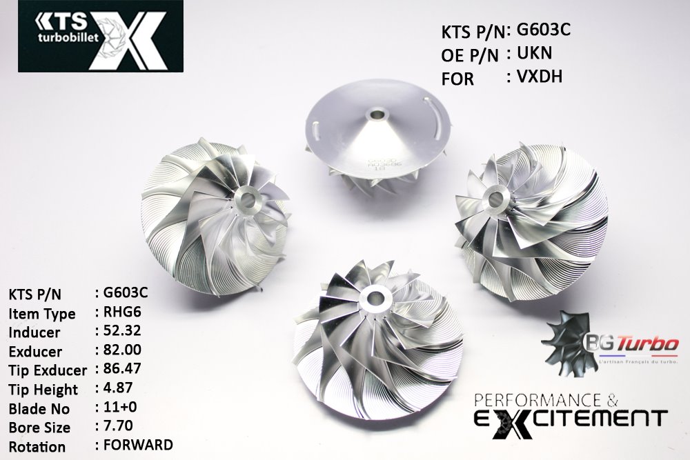 Turbo ROUE FORGÉE MFS PERFORMANCE - 11+0 PALES - INDUCER : 52,32 - EXDUCER : 82 - TYPE : RHG6ANGLE : 60° - ROTATION : Forward - SUPER BACK : 7,57 - BORE SIZE : 7,7
